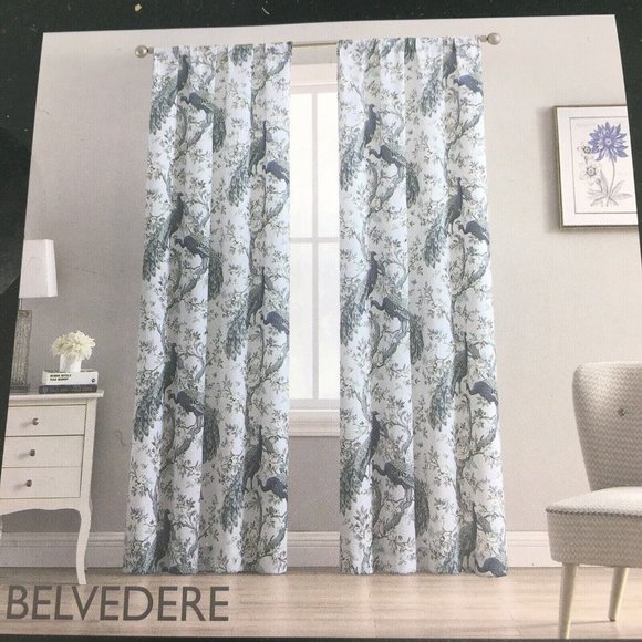 Laura Ashley Peacock 2 Window Curtain Panels 38x108 Belvedere Floral Blue Green - Picture 1 of 5